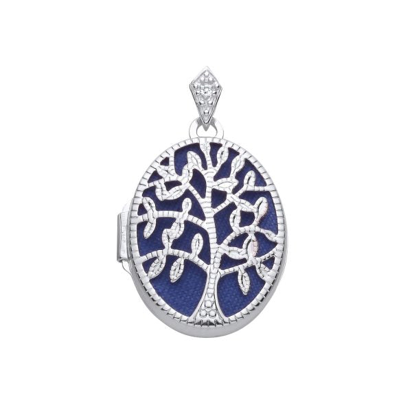 STERLING SILVER NATURAL DIAMOND FILIGREE TREE OF LIFE OVAL LOCKET PENDANT