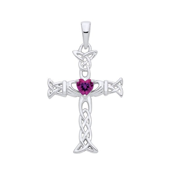 STERLING SILVER SIMULATED AMETHYST CLADDAGH CELTIC CROSS