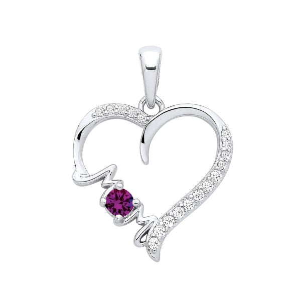 STERLING SILVER SIMULATED AMETHYST & CZ MUM HEART PENDANT