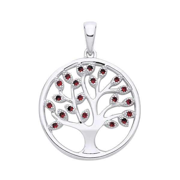 STERLING SILVER SIMULATED RUBY TREE OF LIFE PENDANT