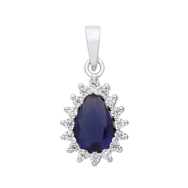 STERLING SILVER SIMULATED SAPPHIRE & CZ TEARDROP PENDANT