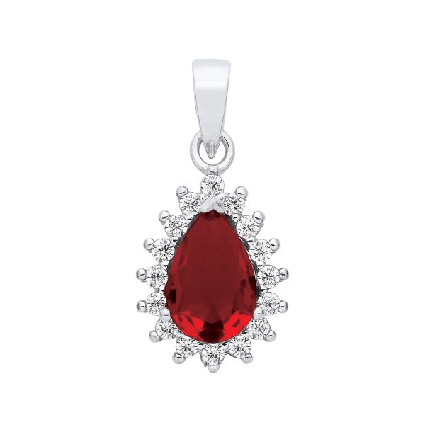 STERLING SILVER SIMULATED RUBY & CZ TEARDROP PENDANT