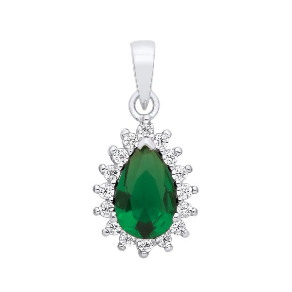 STERLING SILVER SIMULATED EMERALD & CZ TEARDROP PENDANT