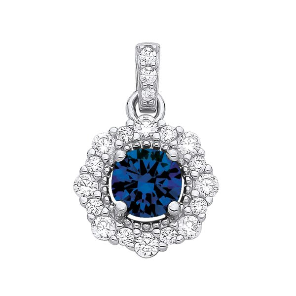 STERLING SILVER SIMULATED SAPPHIRE & CZ HALO PENDANT