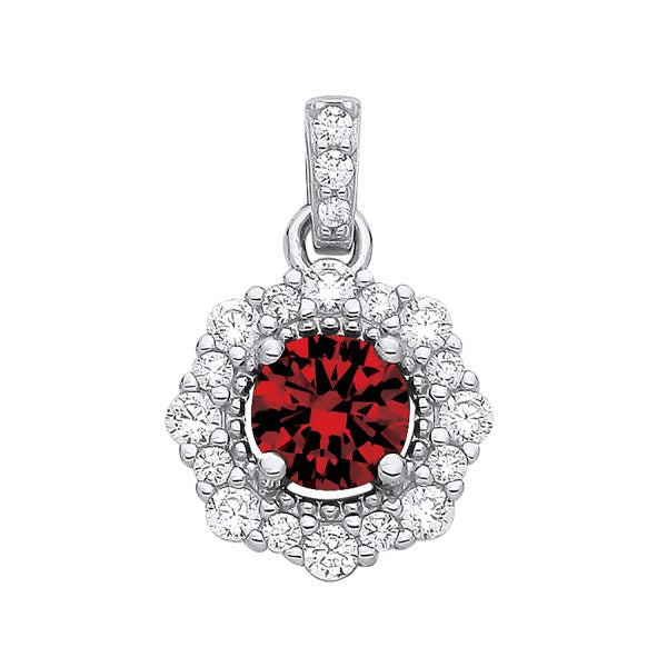 STERLING SILVER SIMULATED RUBY & CZ HALO PENDANT