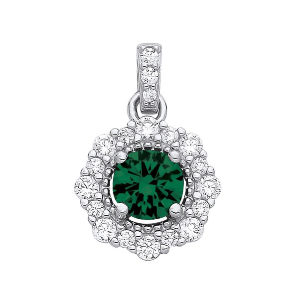 STERLING SILVER SIMULATED EMERALD & CZ HALO PENDANT