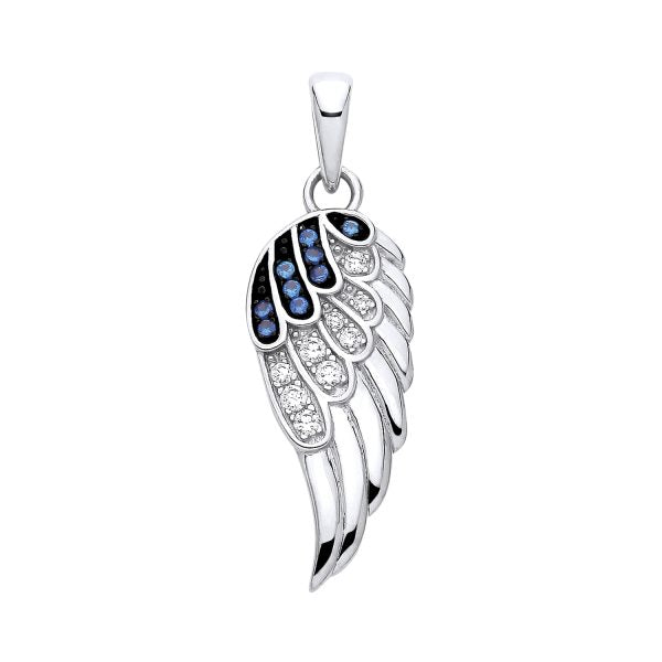 STERLING SILVER SIMULATED SAPPHIRE & CZ ANGEL WING PENDANT