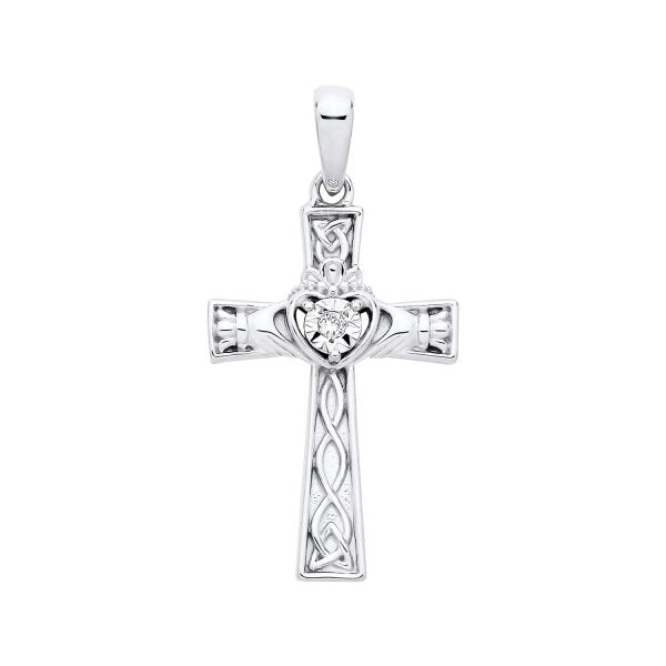 STERLING SILVER NATURAL DIAMOND CLADDAGH CELTIC CROSS PENDANT
