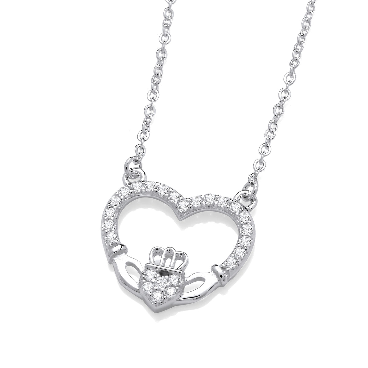 STERLING SILVER CZ CLADDAGH NECKLACE – 16   2 INCH EXTENDER