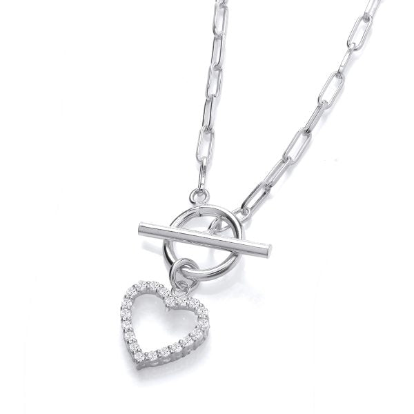 STERLING SILVER CZ HEART T BAR PAPERCLIP NECKLACE