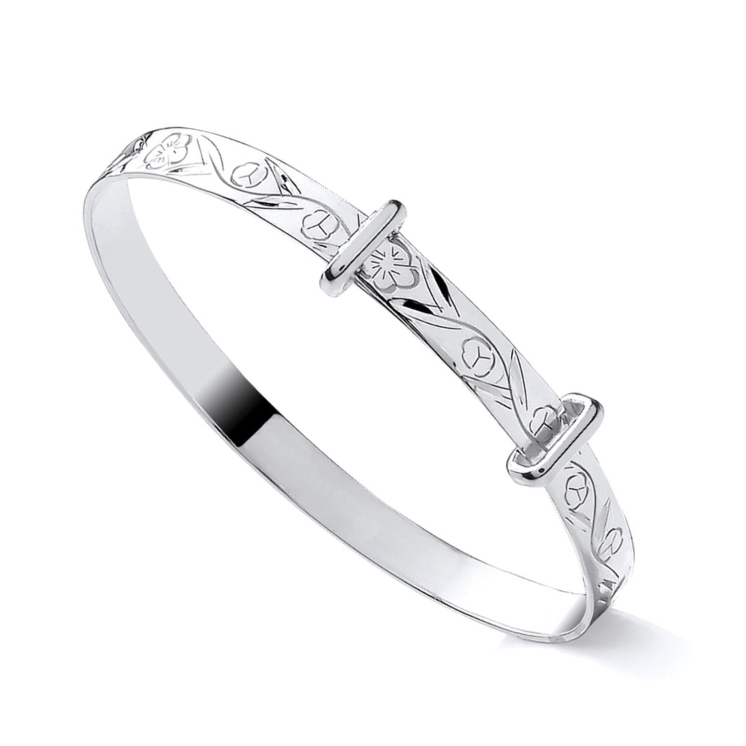 STERLING SILVER 4MM FLORAL PATTERNED EXPANDING BABY BANGLE