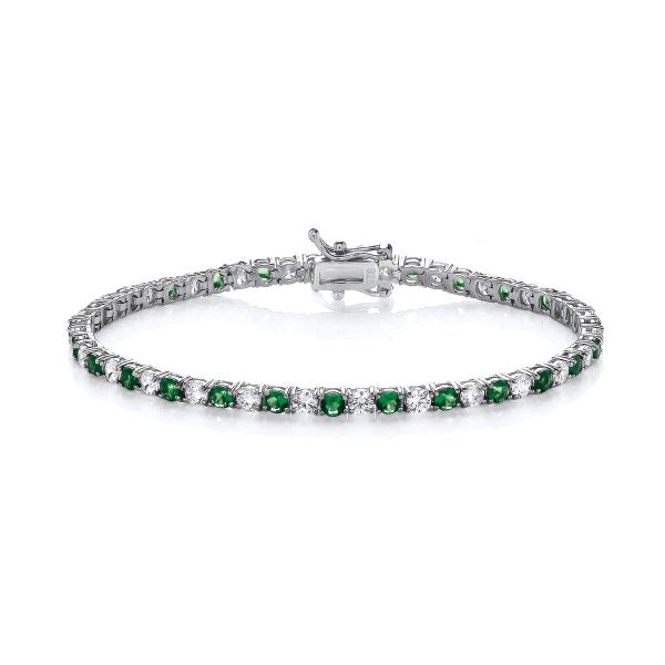 STERLING SILVER SIMULATED EMERALD & CZ TENNIS BRACELET – 7.5 INCH