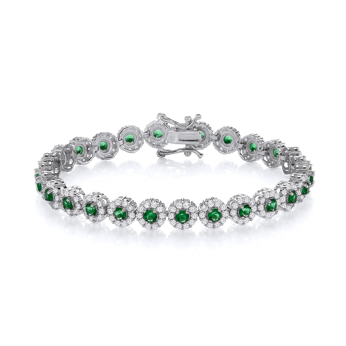 STERLING SILVER SIMULATED EMERALD & CZ HALO TENNIS BRACELET – 7.5 INCH