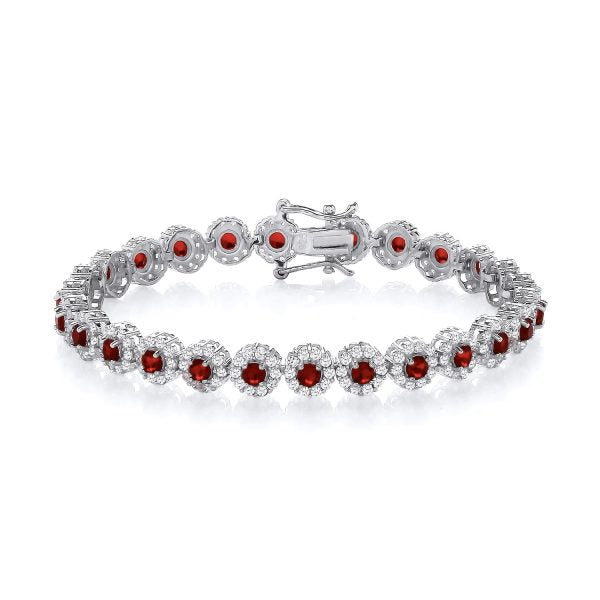 STERLING SILVER SIMULATED RUBY & CZ HALO TENNIS BRACELET – 7.5 INCH