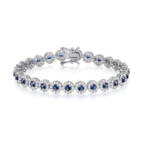 STERLING SILVER SIMULATED SAPPHIRE & CZ HALO TENNIS BRACELET – 7.5 INCH