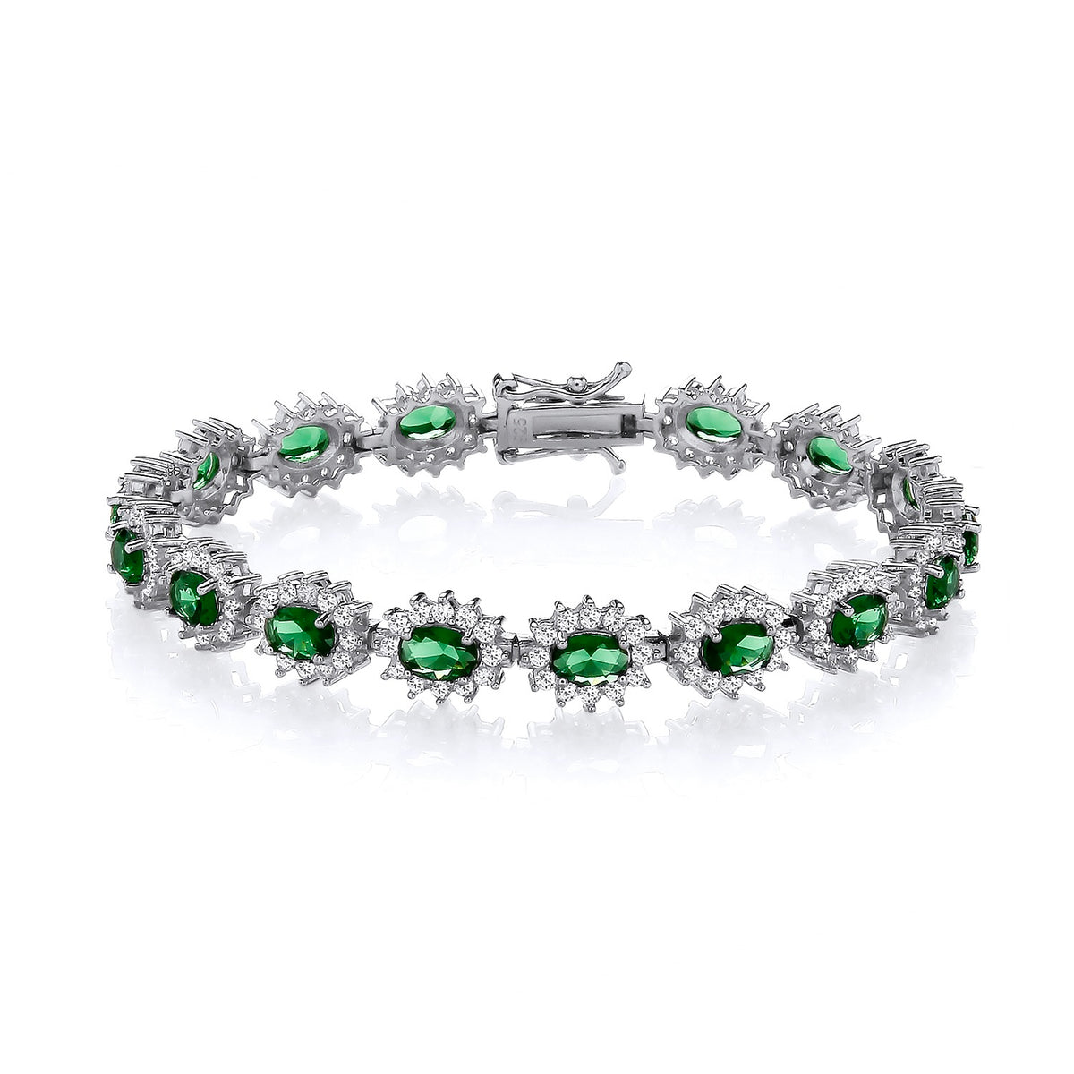 STERLING SILVER SIMULATED EMERALD & CZ OVAL HALO BRACELET – 7.5 INCH