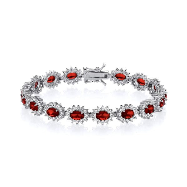 STERLING SILVER SIMULATED RUBY & CZ OVAL HALO BRACELET – 7.5 INCH